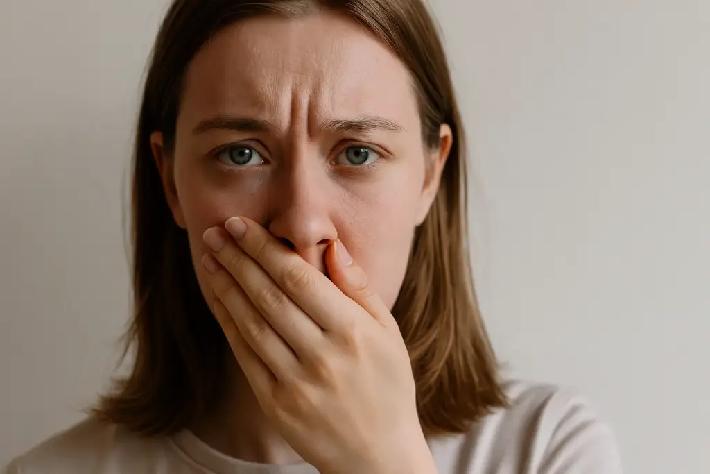 Primer plano de una mujer con expresión preocupada cubriéndose la boca con la mano, evocando molestias o problemas bucales relacionado con puntos rojos en el paladar.