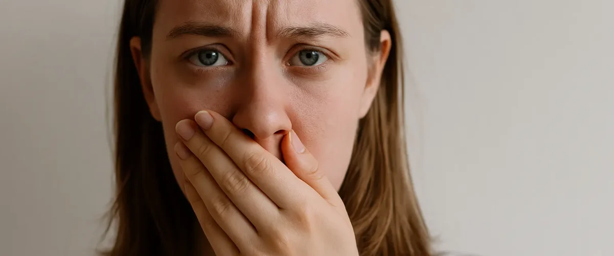puntos rojos en la boca Primer plano de una mujer con expresión preocupada cubriéndose la boca con la mano, evocando molestias o problemas bucales relacionado con puntos rojos en el paladar.